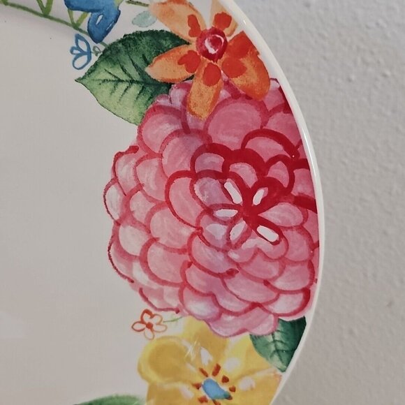 Pier 1 Dinner Plates 11" green lattice dahlia multicolor summer flowers set/ 2 - Picture 6 of 12